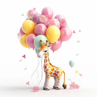 a detailed very colorful vector Clipart image sticker of a beautiful majestic magical floral smilling baby giraffe and pastel pink balloons colors holding balloons with a white background, pastel light colors, fall colours, gold ropes, photorealistic, cinematic, Cinematic, Color Grading, Editorial Photography, Photography, Photoshoot, Shot on 70mm, Ultra-Wide Angle, Depth of Field, DOF, Tilt Blur, Shutter Speed 1/1000, F/22, Gamma, White Balance, Neon, Light, Dark, Light Mode, Dark Mode, High Co