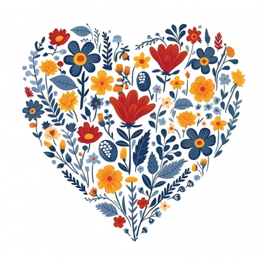 heart shaped composition of tiny wildflowers, 2d flat design, hand painted, colorful summer color palette in the style of Rifle Paper Company, clipart on white background, tshirt design