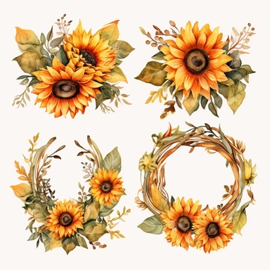 Watercolor Sunflowers Clipart, sunflower wreath, fall sunflower floral bouquets in PNG format instant download for commercial use