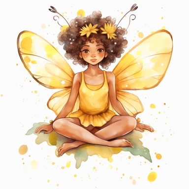 cute brown skin fairy girl clipart watercolor yellow dress [turnabout] front view, looking at camera cw, 8k, hd v5 line drawing flying sitting