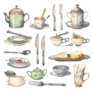 Watercolor vintage tea party items, illustrations clipart set, simple, soft colors, cartoon elements, different variants, teapot, sugar bowl, jug of milk, egg sandwich, stacked china plates, cake fork, tongs, china cup and saucer,napkin, knife,fork stacked teacups, lemon dish, , ,silver knife, ,silver fork, ,silver spoon,napkin, place hoplders, separate elements with a margin