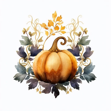 Watercolor velvet colored boho pumpkin with gold ornate watercolor sitting on leaves white background clipart 4k