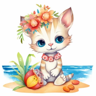 A heartwarming watercolor clipart illustration featuring a little bohemian white baby kitten on the sandy beach with a beach ball with a happy and adorable expression. The kitten is adorned with summer bohemian flowers, radiating with joy and playfulness. The white background provides a clean and versatile backdrop, making it easy to incorporate this clip art into various designs. The chibi clip art style adds a touch of cuteness and whimsy to the baby kitten, making it perfect for digital craft