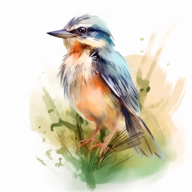 watercolor painting of a bird, looking at the camera, clipart, pastel color Illustration, 4k, sharp focus, Featured on grass, watercolor edge-smudging style, Octane rendering, watercolor style, flat vector