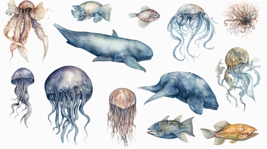 realistic burnished watercolored pencil underwater clipart, detailed, on white background, spaced out