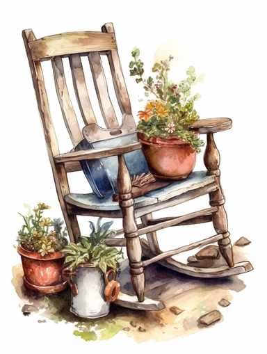 watercolor, vintage, country, wood rocking chair in the garden with flower pots next to it on the ground, beautifully carved arm rests and on white background, clip art