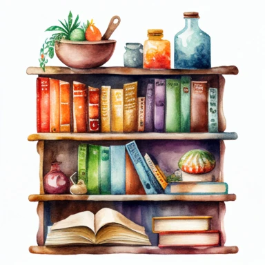 beautiful Watercolor clipart of a rustic book shelf filled with cook books and home items on isolated white background, insane detail