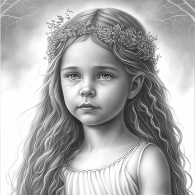 boho little girl, princess aurora, portrait, pose, very detailed and realistic, greyscale, clear image, withe background, clipart style