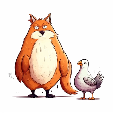 a fat Chicken and Fox friend, funny, very funny, clipart with crisp lines and white background