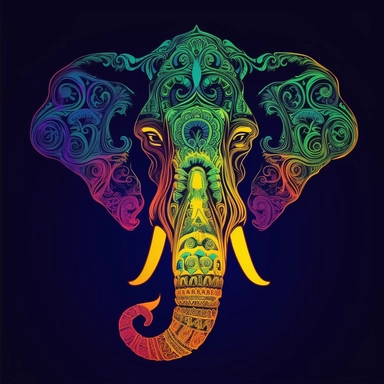 a clipart style Elephant Head made up of mystical shapes and swirls. Vivid colors. Bioluminescent light. Psychedelic style. with empty border.