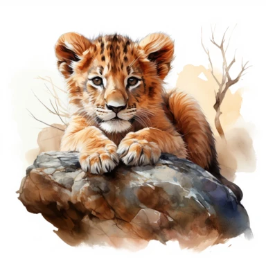hyperrealistic ultra detailed watercolor clipart, cute baby lion sleeping on a stone, isolated on white background, in the style of digital print, clipart, illustration, sticker, ultra high definition, rich details, 32K, HD