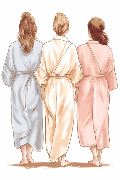 back of bride and bridesmaids on their bathrobe clipart, cartoon style