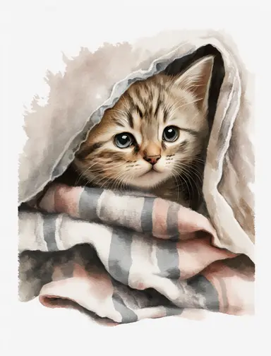 baby cat in a blanket, watercolor clipart, transparent background