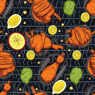A Seamless pattern of Tandoori Chicken and Kabab and Grills in style off pencil drawings on black background, UHD, food clipart, vector illustration clipart