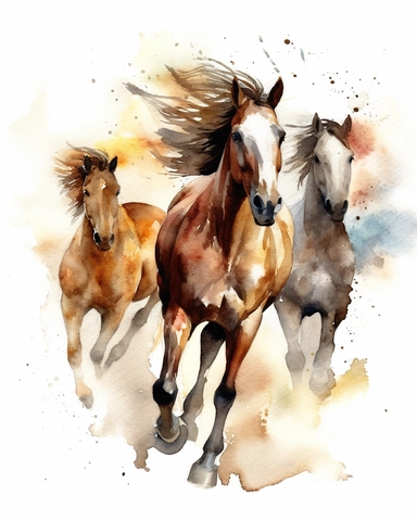 Watercolor painting style, Wild horses galloping clipart, vintage, wyite background