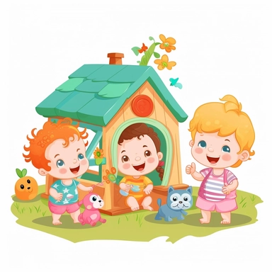 cute babies playing at the summer house, family in background, summer time, no watermark, white background, clipart