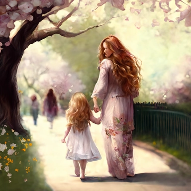 beautiful young pregnant mother with long beautiful blonde hair and toddler daughter with beautiful ong auburn hair holding hands walking in park, flowering trees, path lined with benches, highly detailed, realistic, fantasy, ethereal, soft colors, sharp focus, clipart style