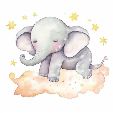 Cute sleeping baby elephant, watercolor handpainted clipart as seen on Etsy. Cartoonish appearance with exaggerated body proportions, but anatomically correct limb positions and number. Perfect for decorating a baby's nursery. Bright pastel watercolors, l