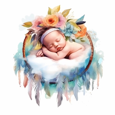 cute watercolor newborn boho sleeping baby, isolated white background, babyshower clipart, 8k, soft multicolor boho colors