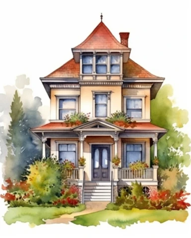Watercolor clipart huge victorian house with conical roof, with lush garden, realistic, isolated on white background