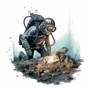 A clipart of a deep-sea diver exploring an old, barnacle-covered shipwreck with a flashlight, revealing hidden treasures, designed on a white background.