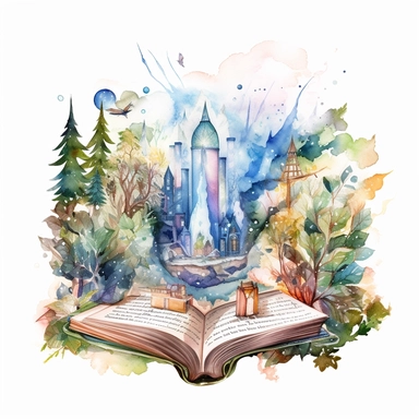 Visualize an open book clipart designed with a watercolor effect, featuring pages filled with fantastical realms, enchanted forests, and hidden treasures, inviting viewers to embark on a journey of imagination and discovery on a white background.