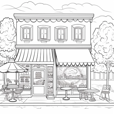 coloring book page, bakery windows,clipart,image of cute bakery,coffee shop,simple and cute,tree on side,bench infront,with awning,for watercolor painting,clean and simple line art for decorative painting