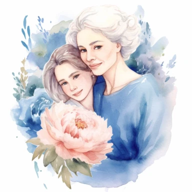 cute watercolor clipart with pale skinned older mom and adult daughter hugging echother in circle, beautiful, hight quality, pastel colors, white background, decorated with blue peonies