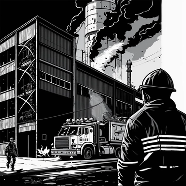 the firebrigade near a Fire of a large modern factory, clipart, vector, b&w