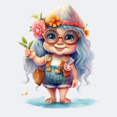 gnome girl summer smile and cute big eyes wear big glasses fat full body , sea trip summer , cute funny laugh detailed digital art, whimsical and cute, cute detailed artwork, glimmering, adorable and whimsical, whimsical art, watercolor Clipart style