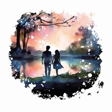 Watercolor, A couple by the river in bloom, night,clipart on black background