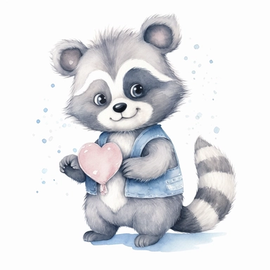 a pastel baby raccoon with kind eyes clipart with watercolor illustration,full body shot,8k,etsy style, white background