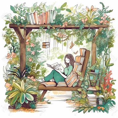 clipart image portraying a person reading in a lush garden filled with blooming flowers and crawling vines. Design a cozy reading nook amidst the greenery, complete with a wooden bench or a hammock, surrounded by bookshelves filled with colorful books, isolated on white background