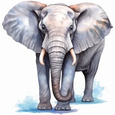 watercolor, A - African Elephant (found in many zoos around the world) png Full body realistic cartoon in 32K UHD cute. 15 cm thick outline. Black color. There was no shadow on the ground. 8k with realistic watercolors and detailed illustrations. PNG clipart, transparent white background