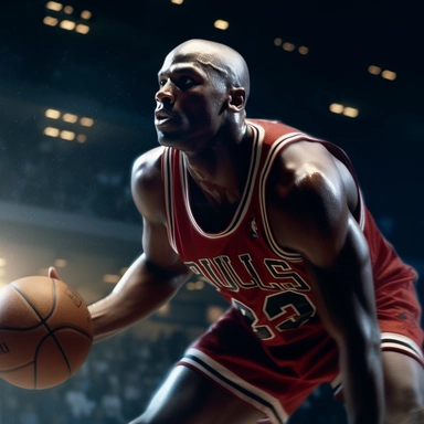 Michael Jordan playing basketball in an outdoor basketing court and doing a three-point-shot, 10pm at night, high details, 4K, movie clip, full bod