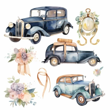 Just married Wedding transportation, such as limousines, vintage cars, watercolor png clipart on a white background
