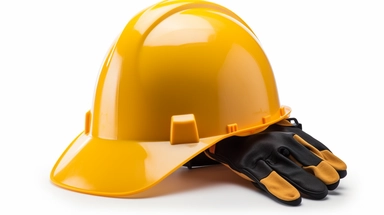 close up on a yellow hard hat and safety gloves isolated on white background with clipping path cutout