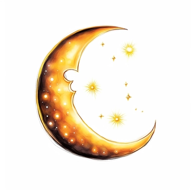 An illustration of a glowing beautiful Waning Crescent Moon against white background, outerglow, innerglow, fairytail style, white background, clipart, PNG pure white background, high resolution, best quality