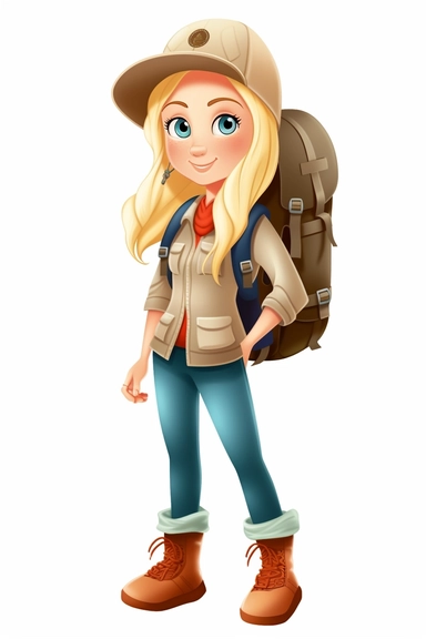 pretty mom straight blonde hair in a camping outfit, cartoon style, clipart, white background, transparent background