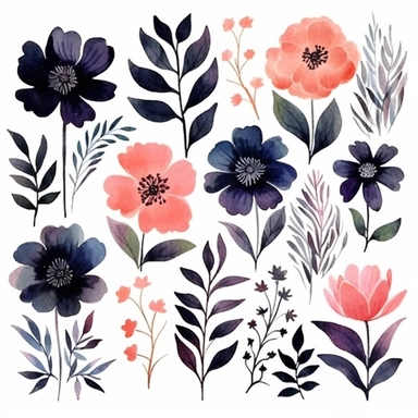 watercolor, handpainted black boho floral clipart, transparent background, spaced out--ar 3:2