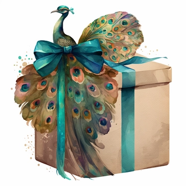 clipart watercolor flat box in peacock pattern with huge long bow on top