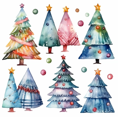 Watercolor christmas trees with christmas ornaments with gift boxes underneath, illustrations clipart set, simple, christmas colors , cartoon elements, different variants , candy cane, hollybell, bow, separate elements with a margin