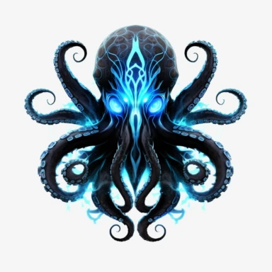 a glowing tribal Octopus with blue lights on his eyes, tribal animals, in the style of manhwa character design, master of shadows, burned/charred, himalayan art, dark black and light azure, 2d game art, quadratura, clipart, on white blackground
