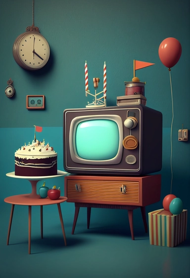 Stunning art of room landscape, happy birthday cake, minimalism, bright colors, old antique tv , walls , clock, table , chair , clip art, blue brown black and white color