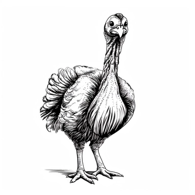 Black and white line art depicting a simple beautiful turkey, clip art style, white background, childrens illustration book style, Hand drawn
