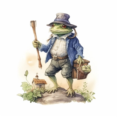 watercolor fairytale frog clipart, dressed as a farmer, where the intricate details and farm-inspired attire capture the essence of rural life, inviting imaginative tales and creative exploration, 8k, fantasy style, white background
