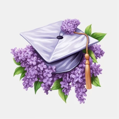 cartoon clipart drawing graduation cap with lilac flowers, clear outline, ultra realistic, white background, very detailed, Cartoon,hyper realistic, intricate detail, illustration style,high solution,on the white background
