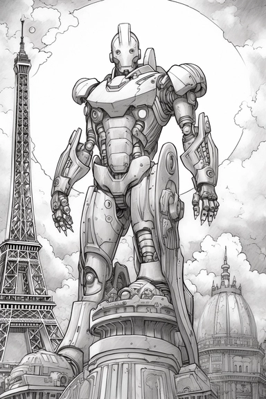 a black and white sketch of a robot, in the style of iron man, drawn like clip art with a strong and detailed feeling of liberty and art nouveau, floating above the eiffel tower in paris
