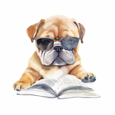 soft watercolor clipart, baby fat DOG with sunglasses, book, cute, only white background