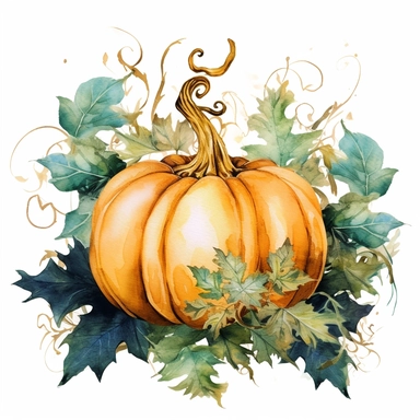 Watercolor pastel boho pumpkin with gold ornate watercolor sitting on pumpkin leaves white background. clipart